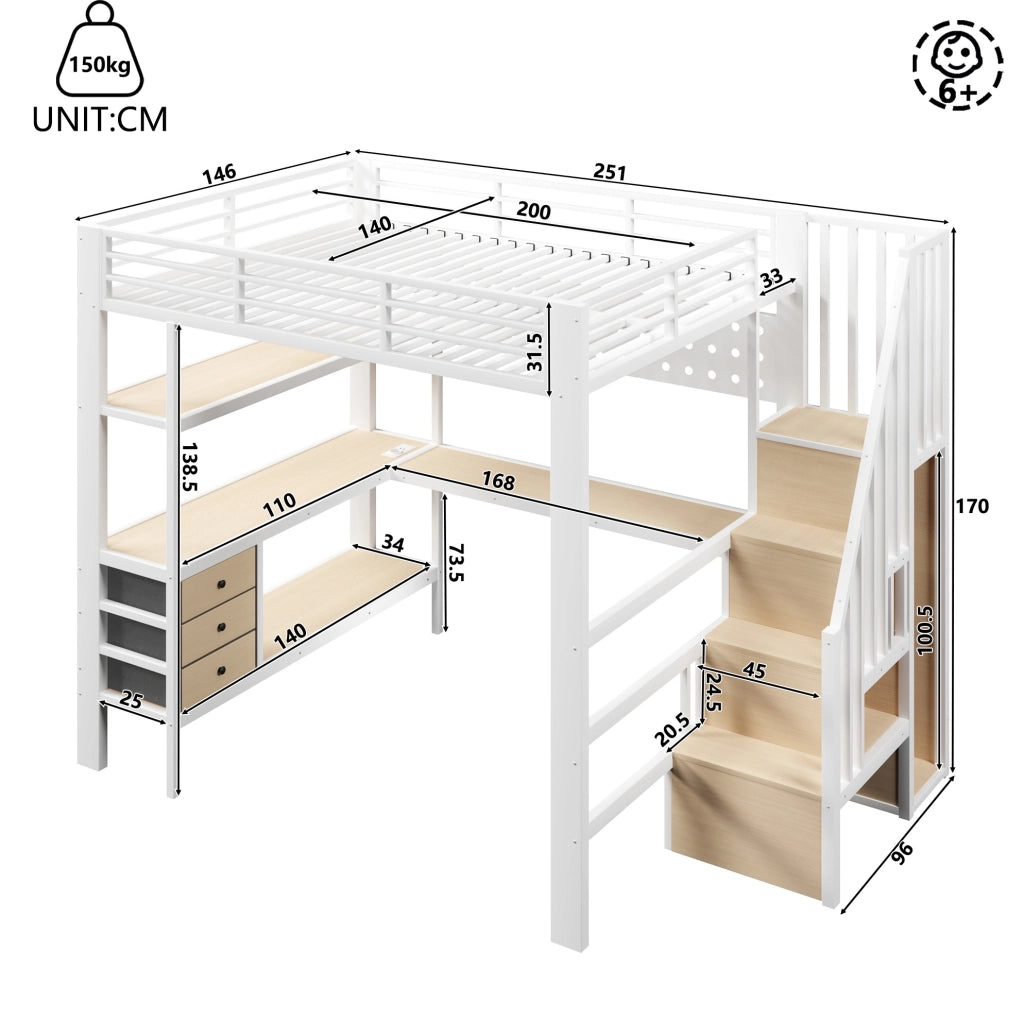 Letto a soppalco in metallo e MDF con scrivania, cassetti e LED