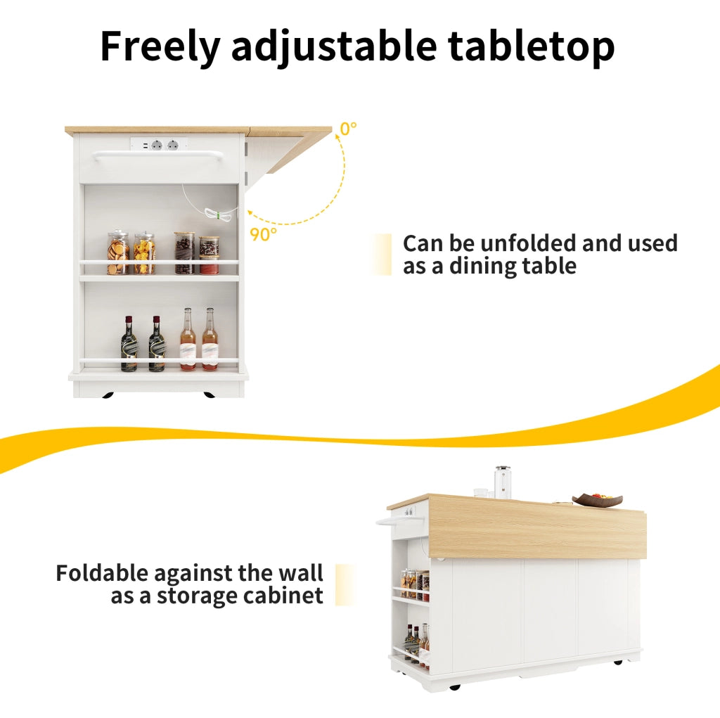 Isola cucina su ruote con piano pieghevole e prese; 151;5x84;7x91;7 cm; bianco e naturale