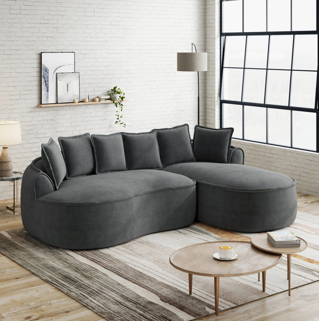 Divano modulare senza telaio ad angolo a L in tessuto chenille grigio con chaise longue extra profonda e cuscini