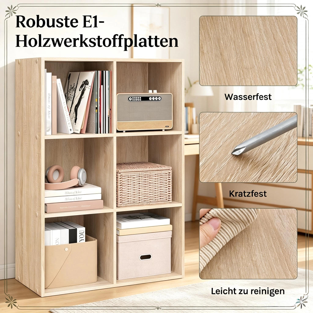 libreria aperta a cubi in legno ingegnerizzato E1 con 6 vani, scaffale multifunzione per casa e ufficio, rovere