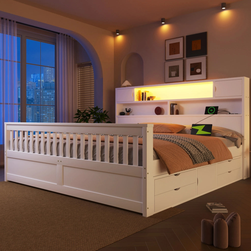 Letto 180x200 cm con testiera libreria, LED regolabile, USB e 4 cassetti in MDF bianco