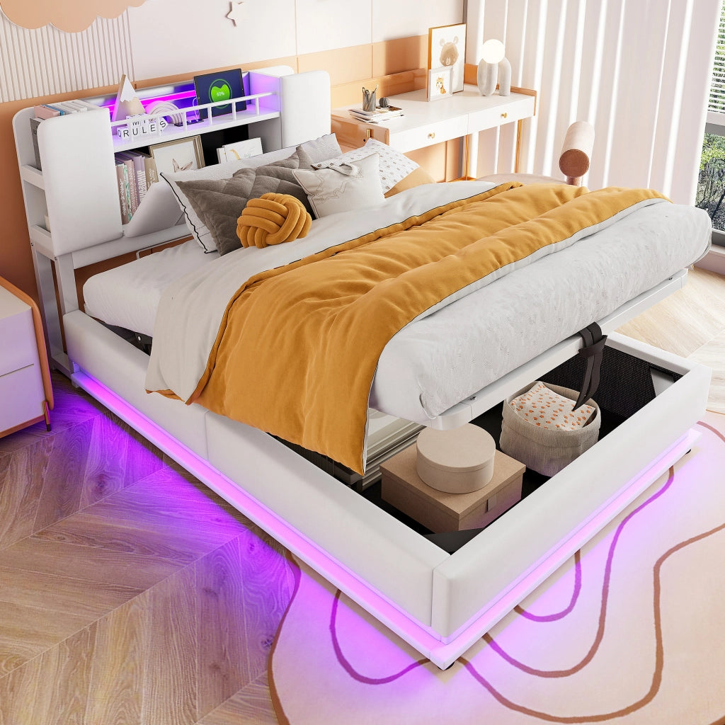 Letto per Bambini Imbottito 90x200 cm con LED; USB e Vano Contenitore Idraulico; Metallo e Velluto Beige