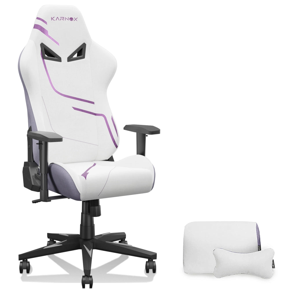Sedia gaming ULEVR in tessuto bianco e viola con schienale reclinabile, supporto lombare e poggiatesta