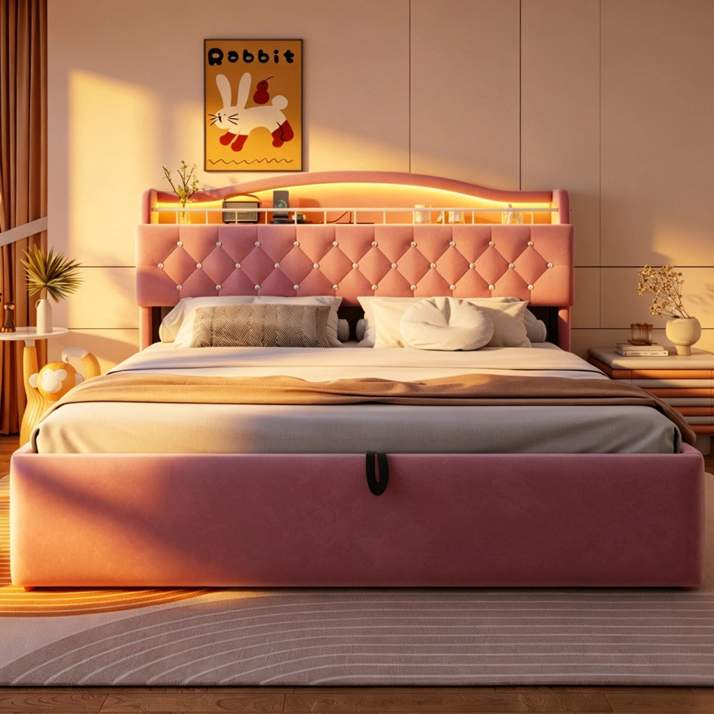 Letto Matrimoniale 180x200 cm con Contenitore Idraulico; Rivestimento in Velluto Rosa e Testiera LED con USB