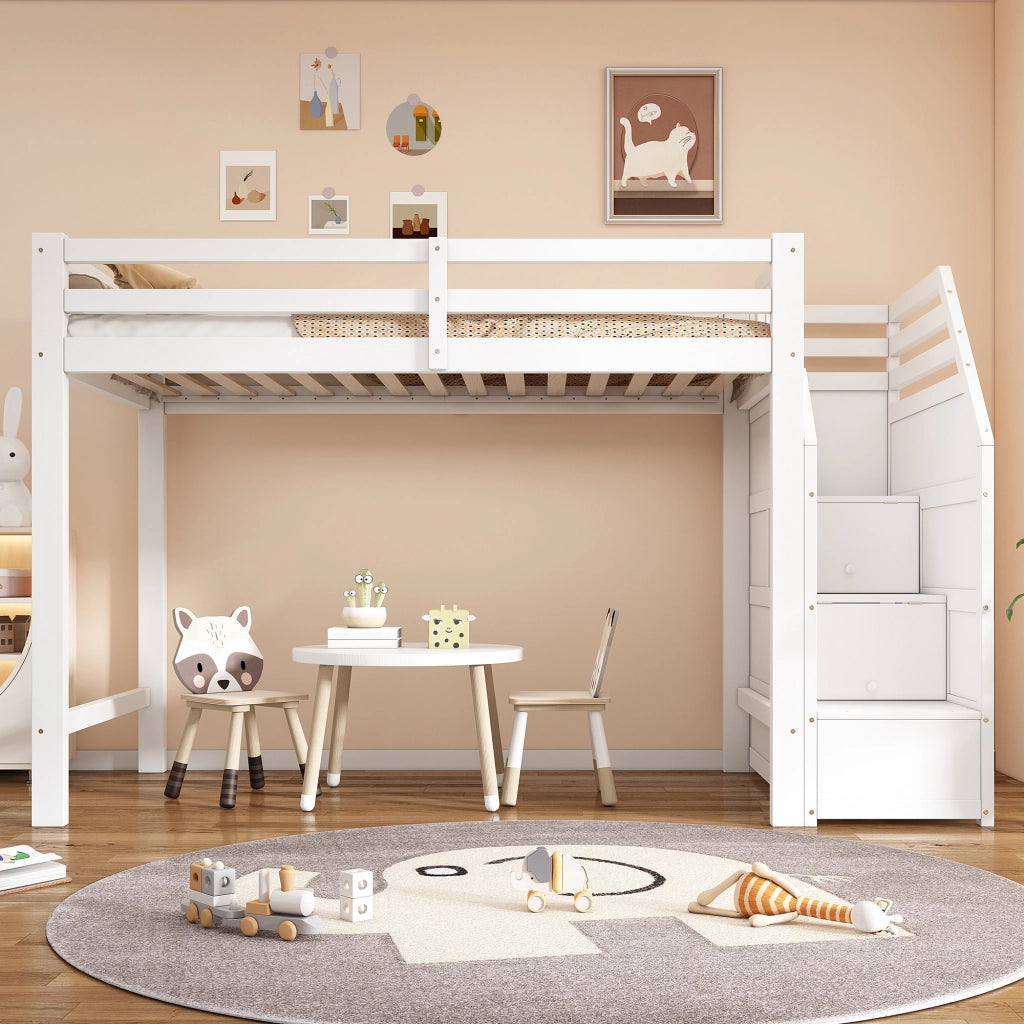 Letto a Soppalco 90x200 cm - Scala Contenitore; Parapetto - in MDF e Legno - Bianco