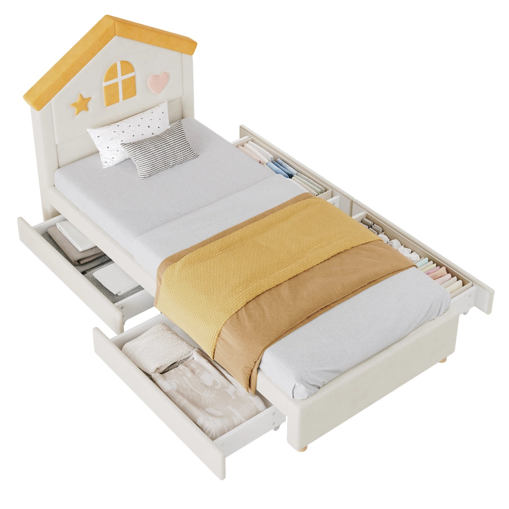 Letto per bambini imbottito 90 × 200 cm con 4 cassetti in velluto beige testiera a casetta rete a doghe