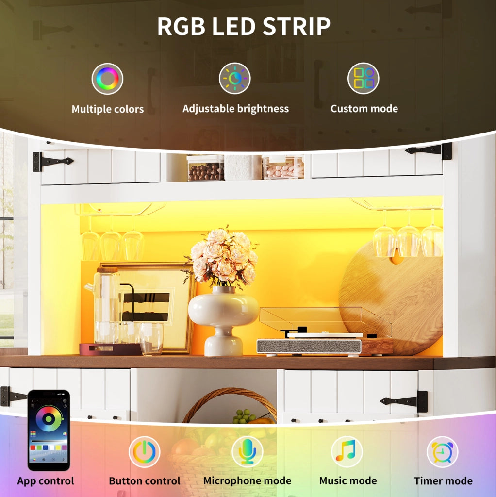 Hochschrank mit Scheunentor-Türen, RGB-LED-Beleuchtung, verstellbaren Böden und Weinflaschenständer, 120×40×180 cm, Weiß