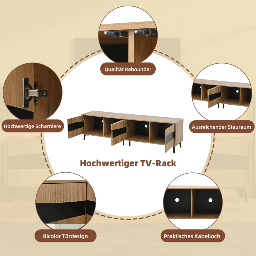Mobile TV con 4 ante e 4 vani in truciolare naturale e nero per televisori da 75 pollici 180 × 40 × 50 cm