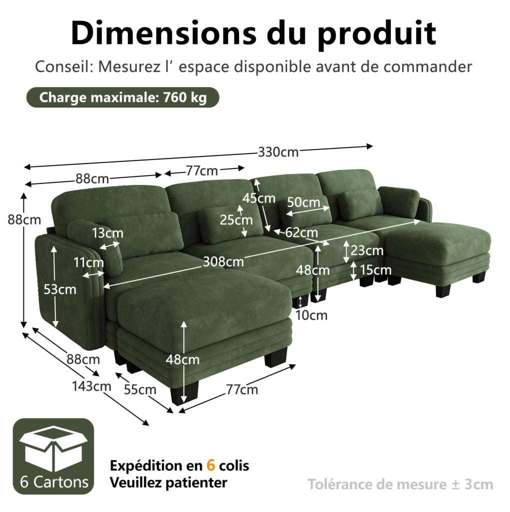 Divano modulare a U in chenille verde, 330x143x88 cm, con cuscini mobili e pouf