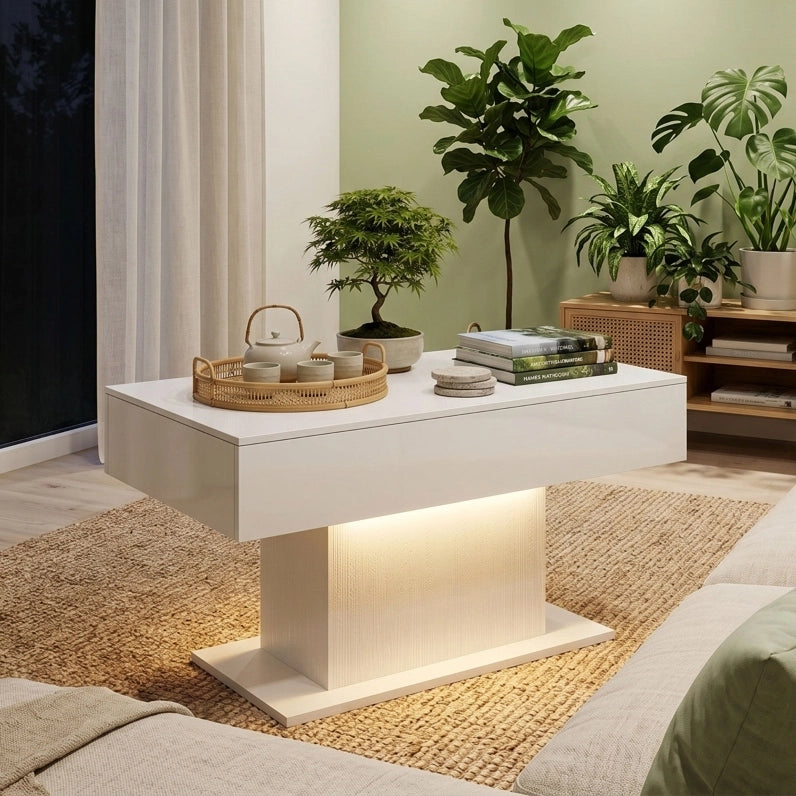 Tavolino da salotto bianco lucido con LED RGB, 2 cassetti nascosti e telecomando