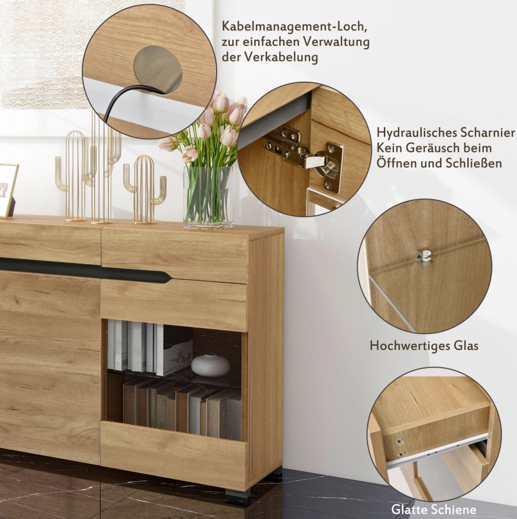 Credenza LED rovere con 3 armadi e 3 cassetti
