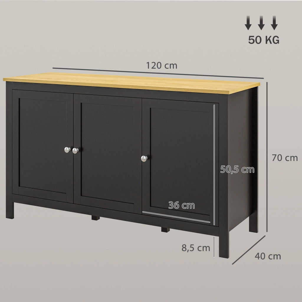 Mobile buffet credenza moderna per soggiorno e cucina con 3 ante e ripiani regolabili, nero e legno chiaro 120 x 40 x 70 cm