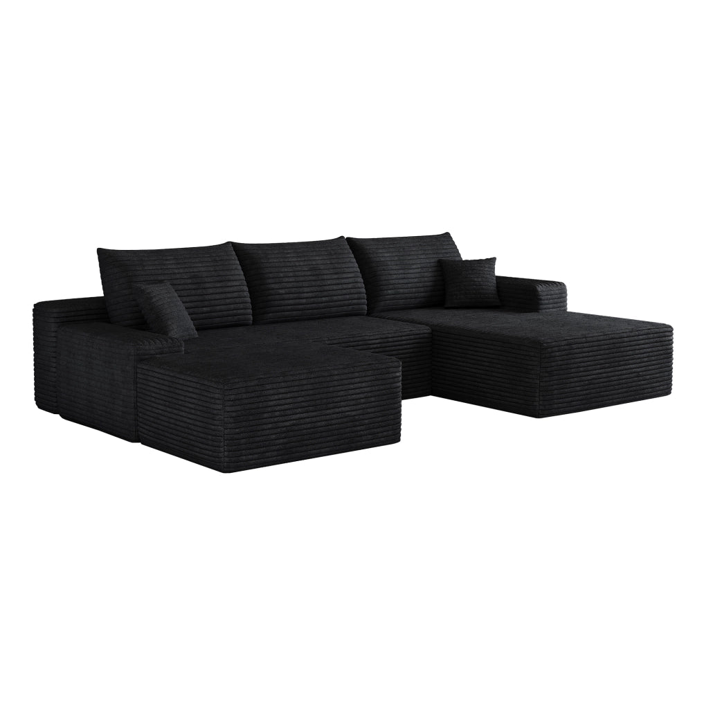 Divano modulare angolare da 270 cm con chaise longue a L in velluto a coste nero, senza montaggio