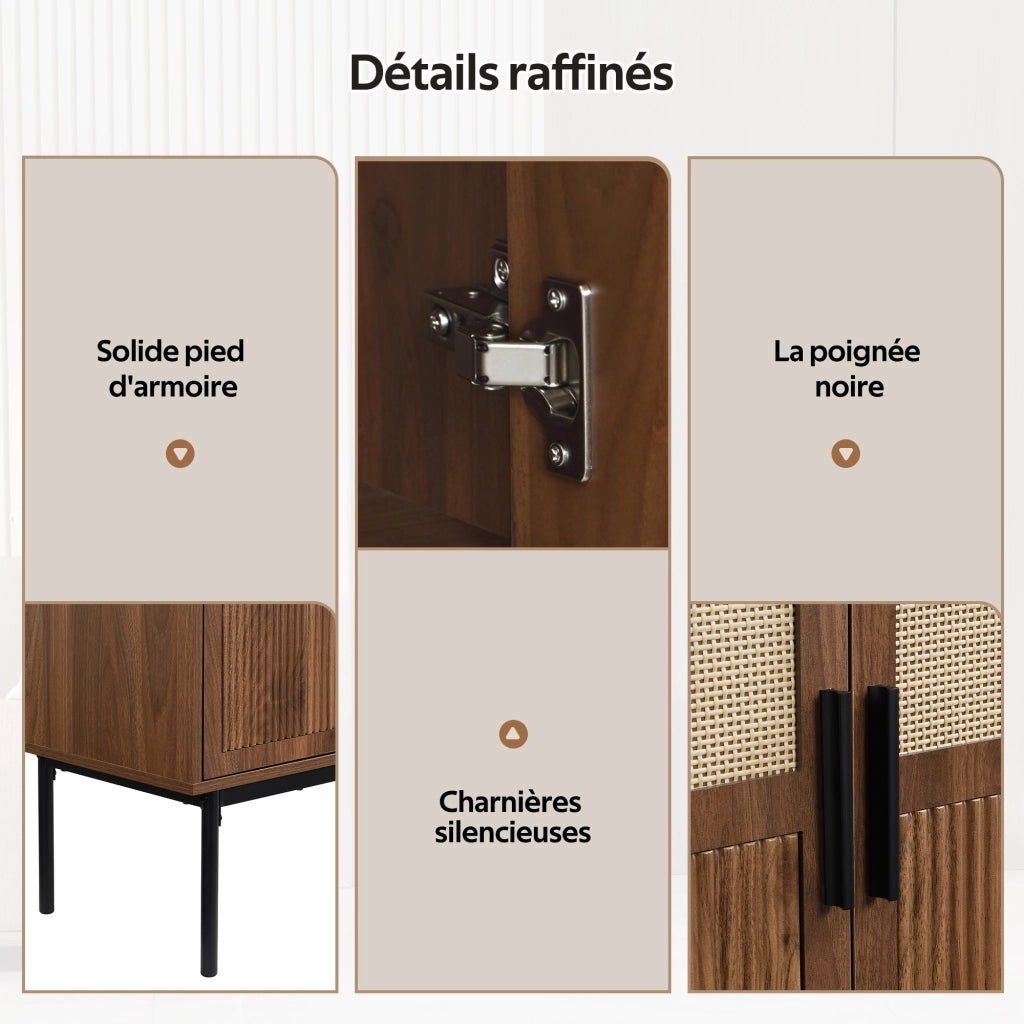 Credenza a 4 ante in MDF con effetto noce e rattan naturale per soggiorno ingresso 140 × 40 × 80 cm