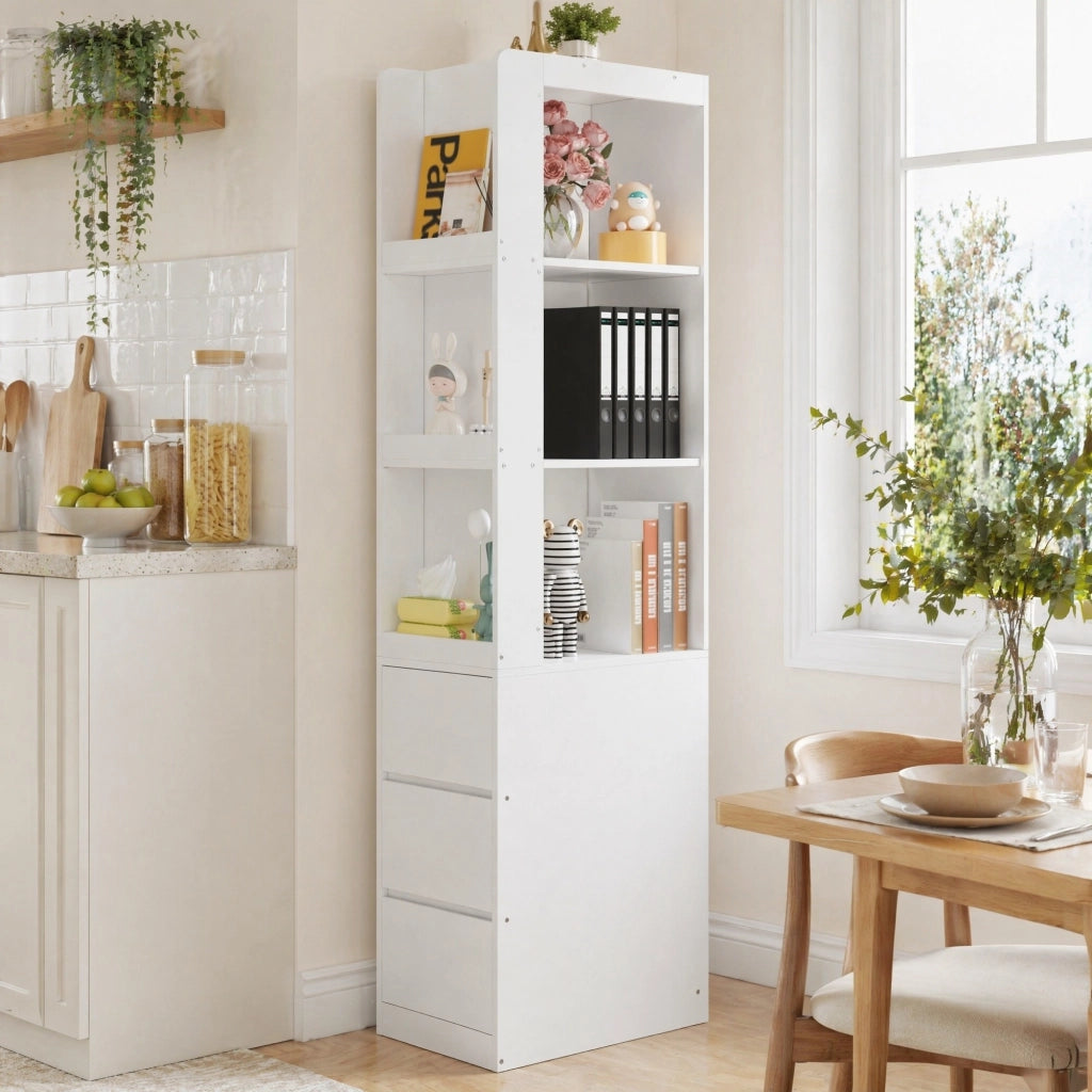 Libreria stretta bianca con 3 cassetti e 3 vani, 200 cm