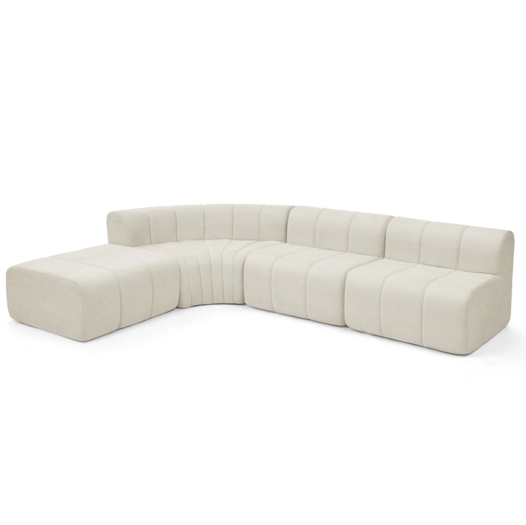 Divano angolare modulare 4 posti in chenille beige con moduli multifunzionali