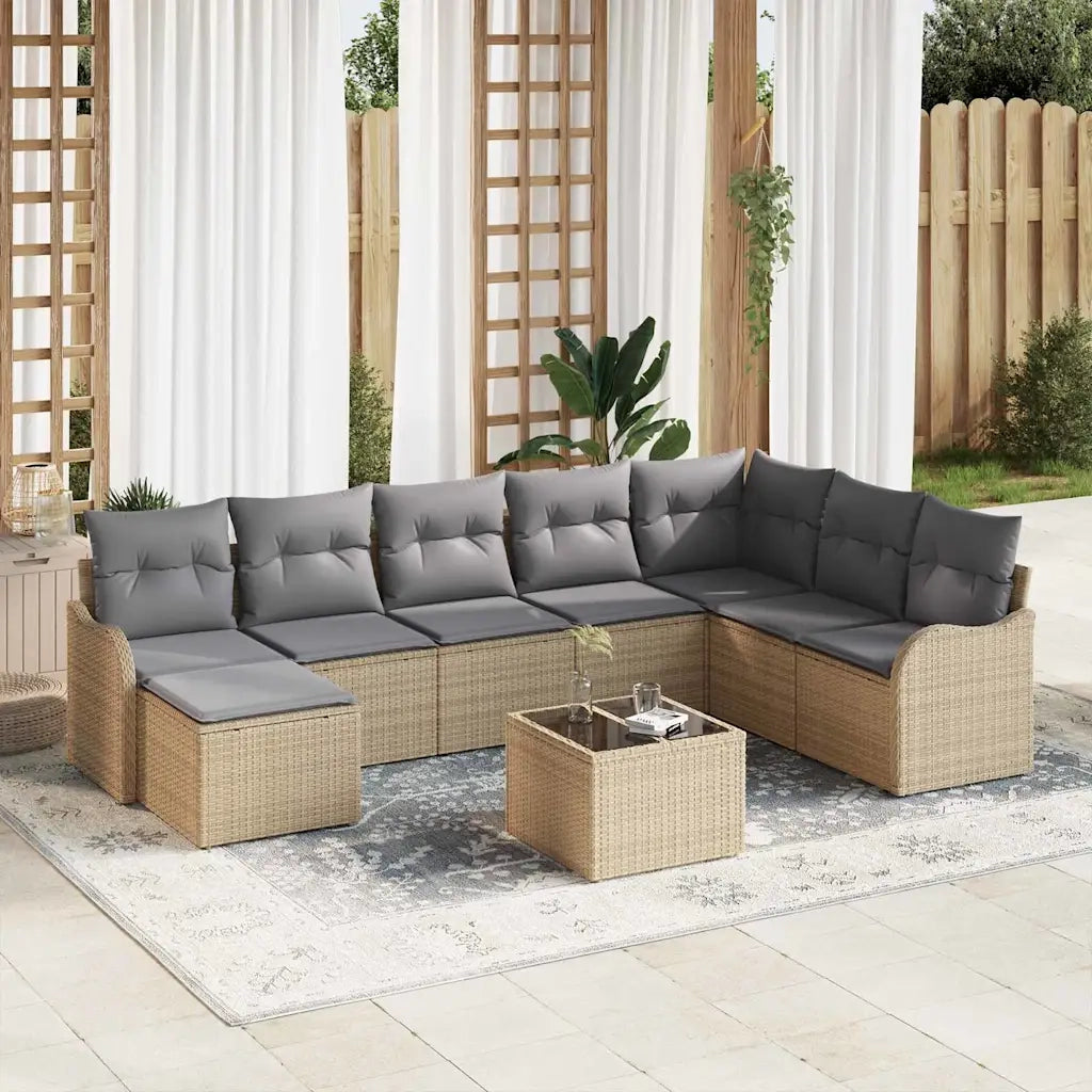 Set Divano da Giardino 9 pcs beige e grigio chiaro Poly Rattan