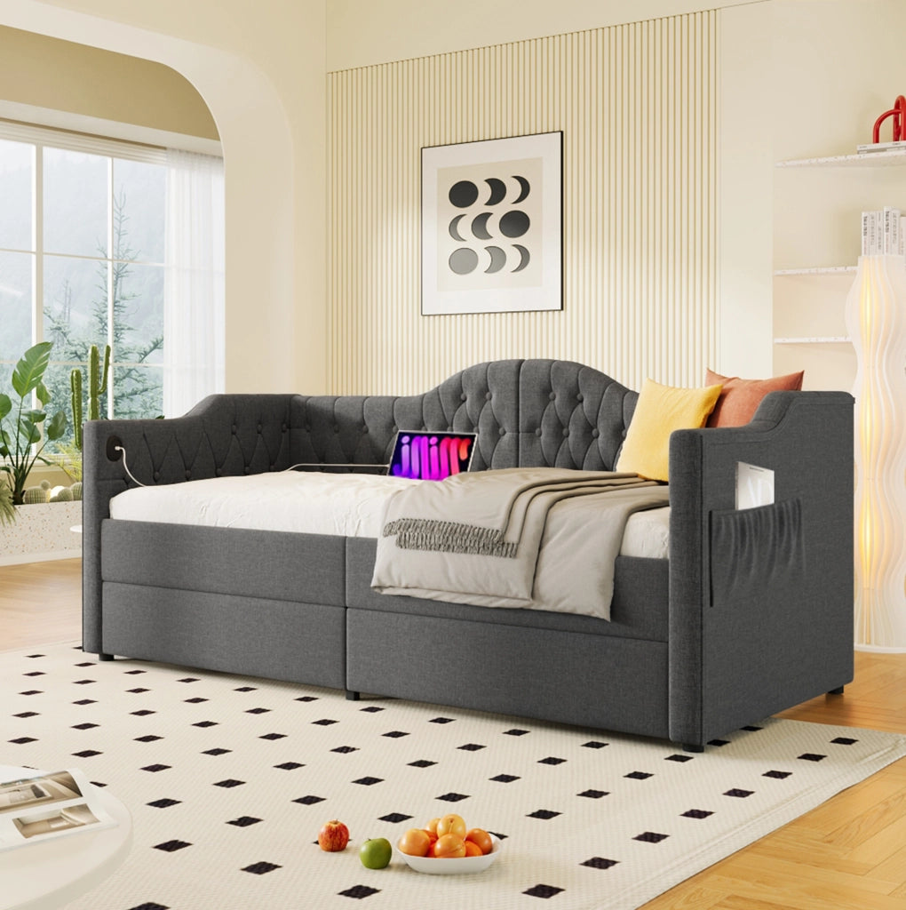 Letto imbottito con USB Type-C, 2 cassetti e design salvaspazio