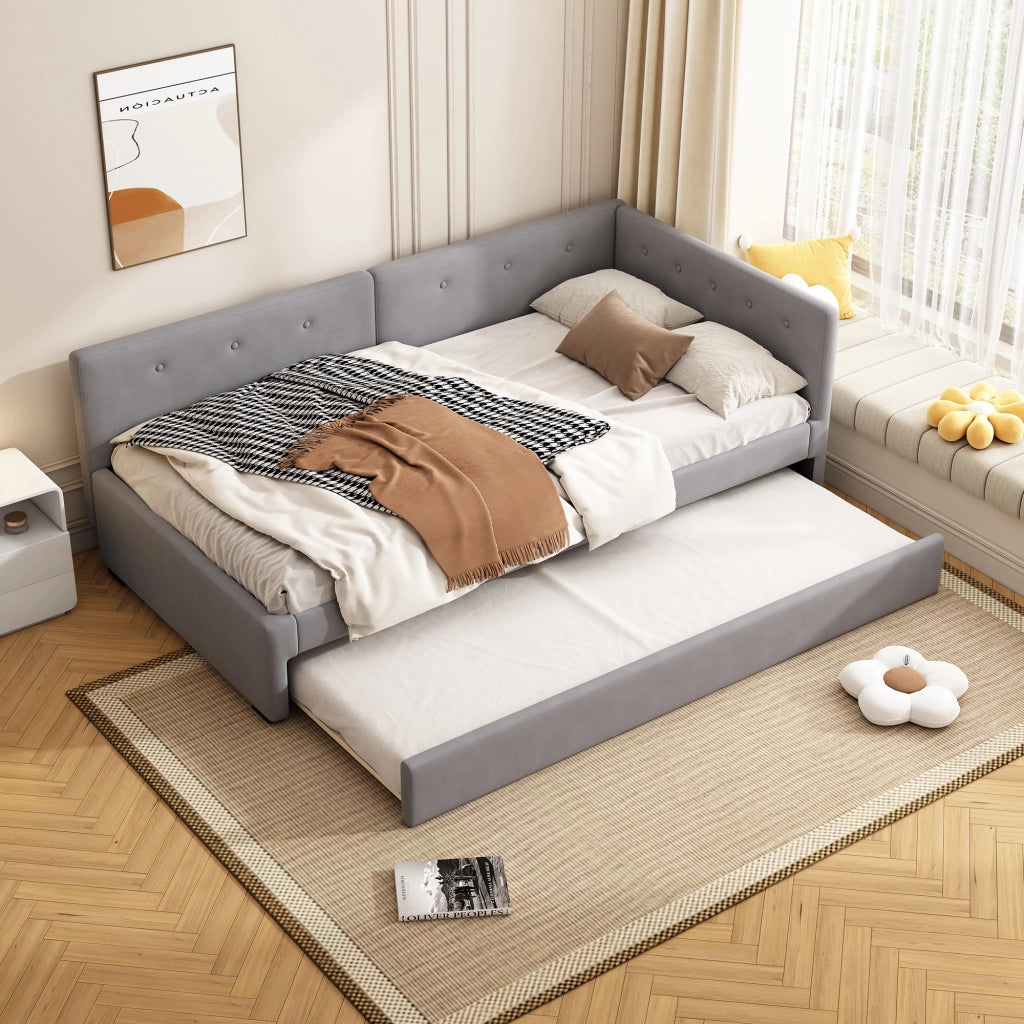 Letto con letto estraibile 90 × 200 cm con rete a doghe; testiera; rivestimento in velluto e MDF grigio