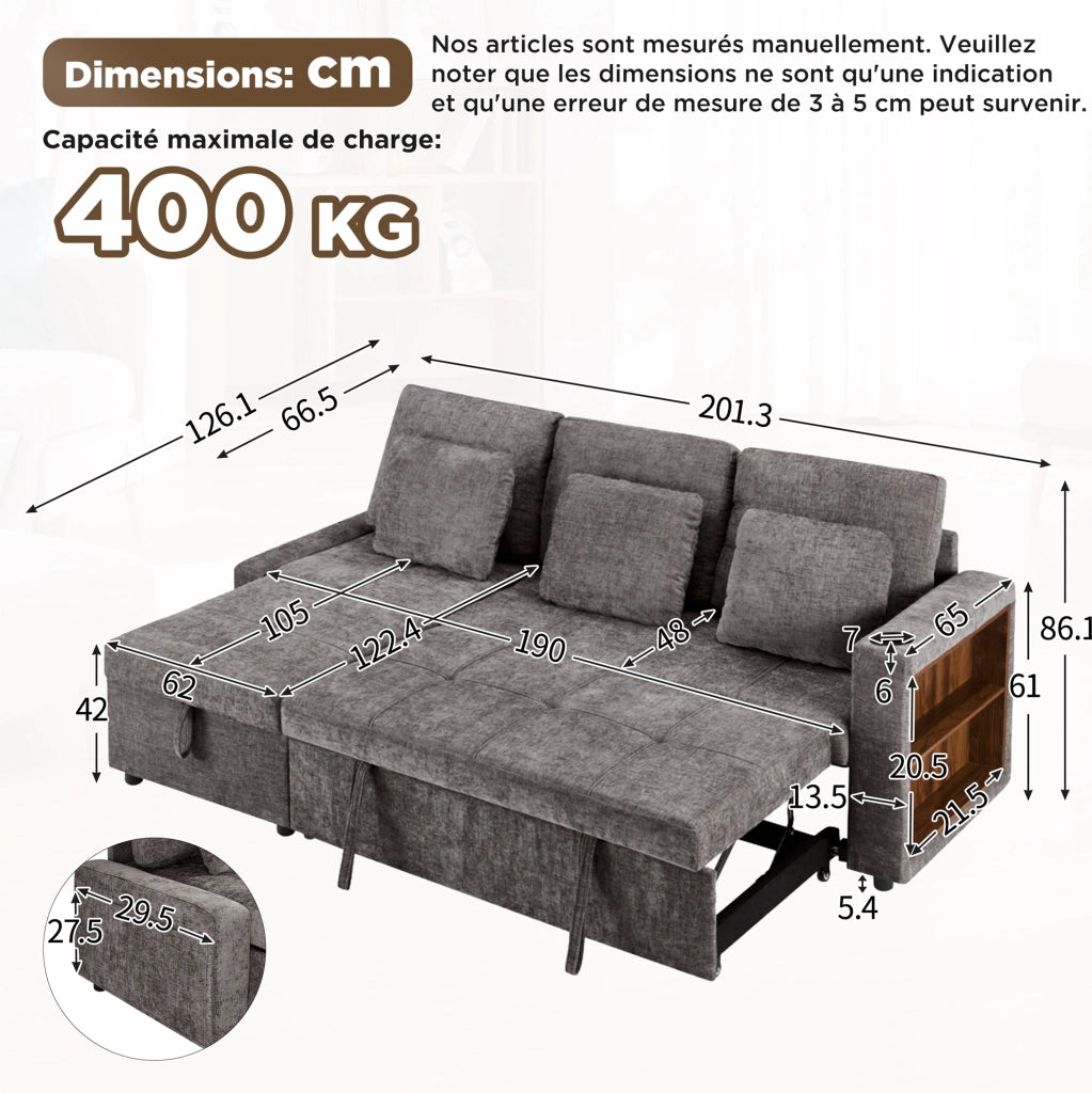 Divano letto 3 posti 201.3x126.1x86.1 cm estraibile con contenitore in ciniglia grigio
