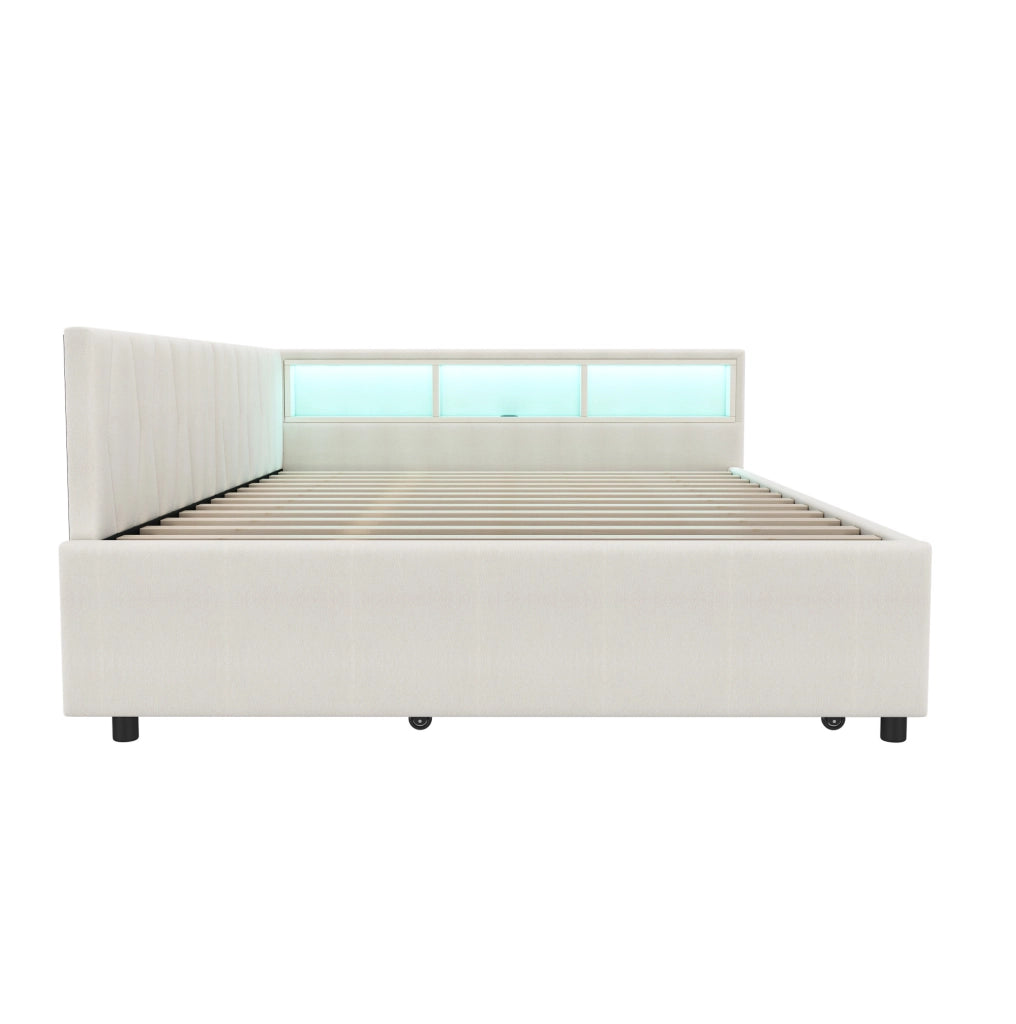 Letto daybed estraibile 140x200 cm con ripiani, presa USB + Type-C e striscia LED, beige, con rete a doghe, senza materasso