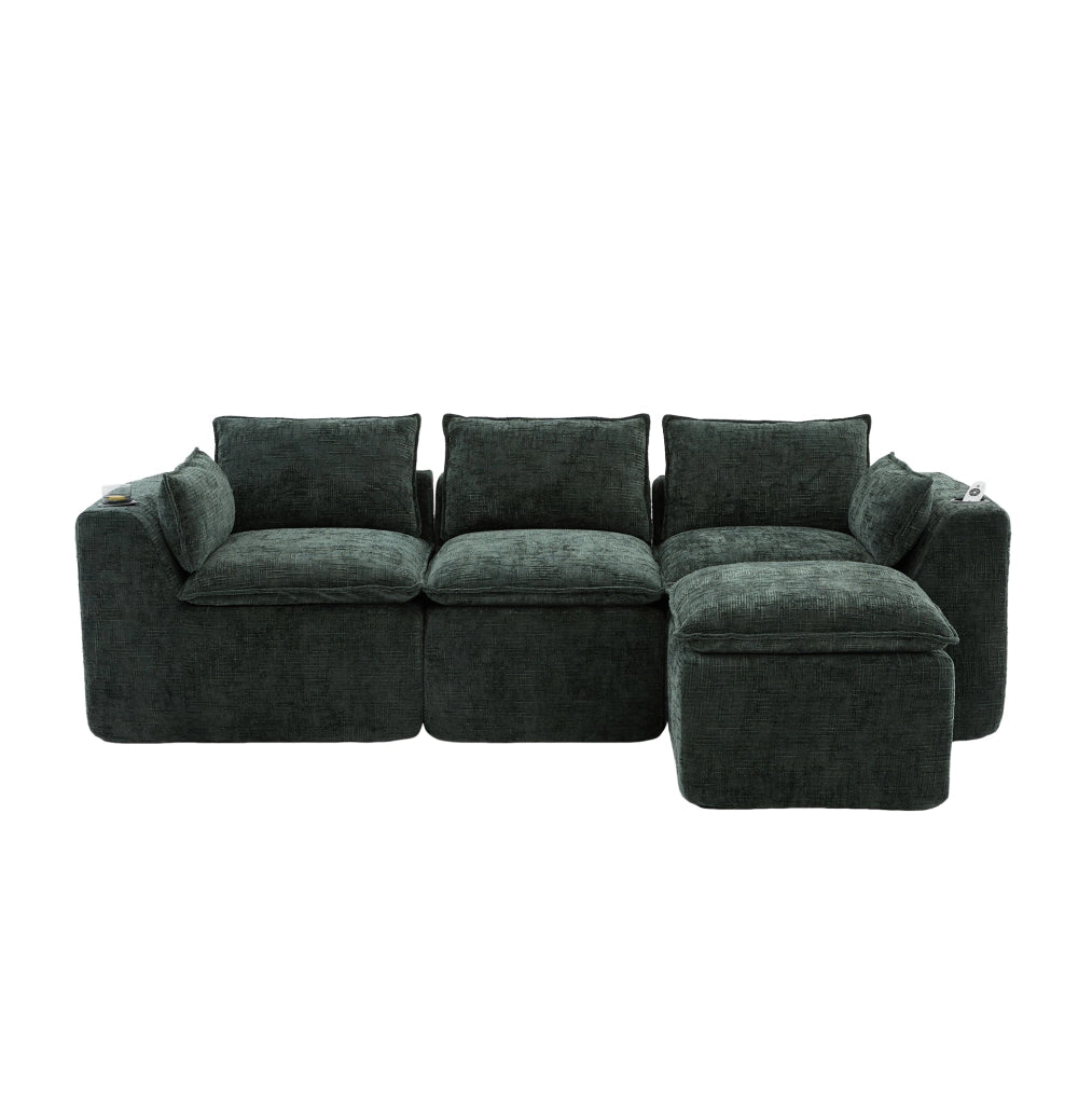 Divano modulare 3 posti in tessuto chenille verde scuro con poggiapiedi, cuscini, portabicchieri e tasche laterali