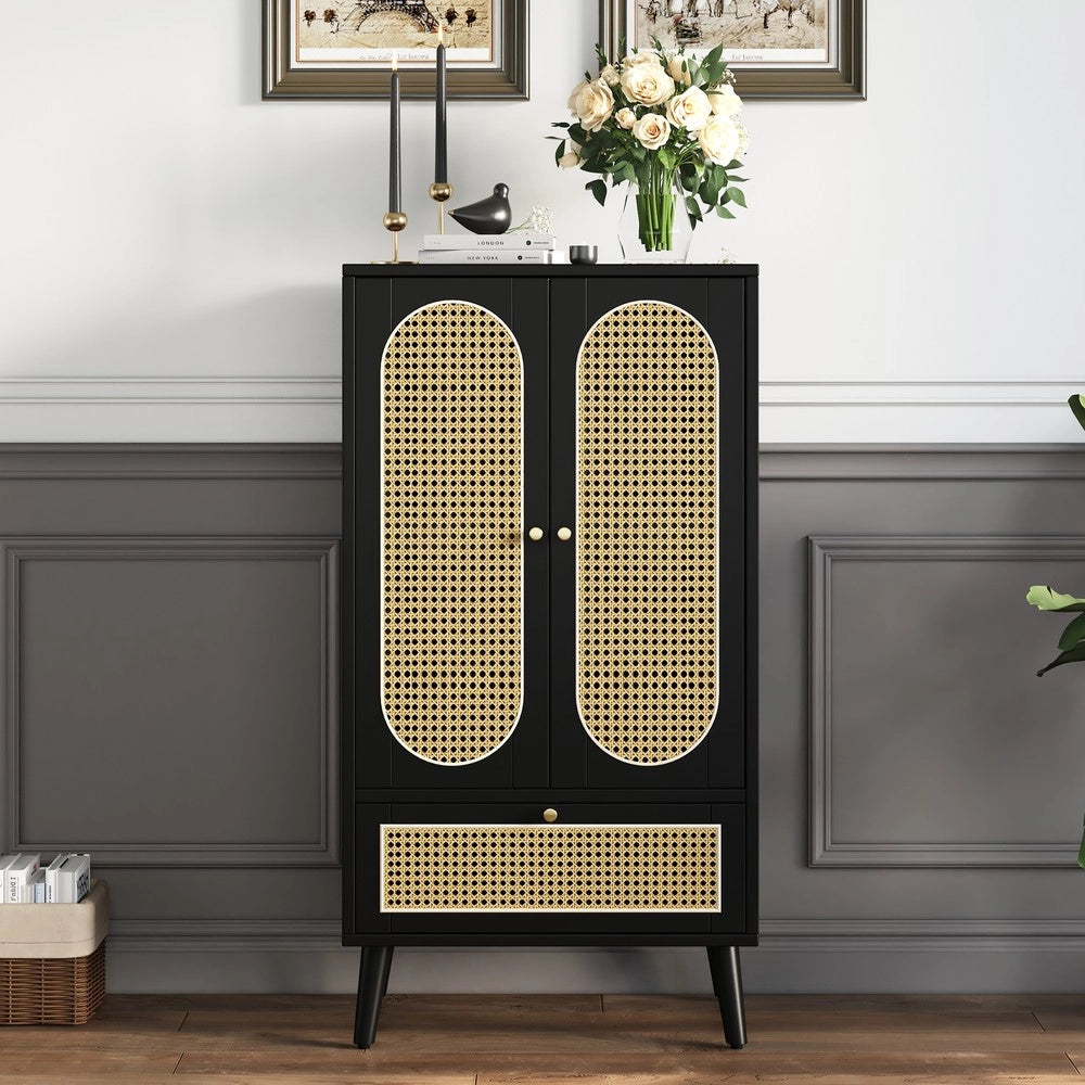 Consolle salvaspazio ¨C Minimal ¨C nero design rattan 110x40x120 cm 2 ante 1 cassetto