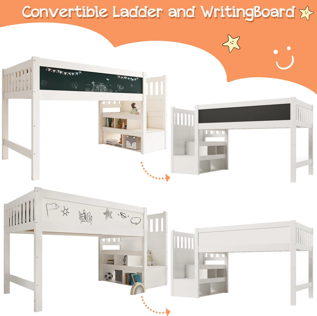 Letto a castello per bambini 90x200 cm in legno bianco con lavagna e protezione anticaduta, senza materasso