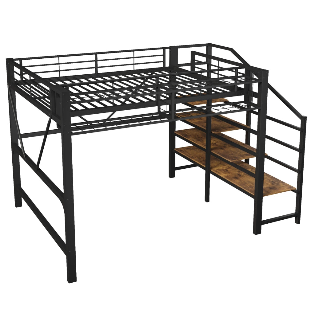 Letto a soppalco 140x200 cm con LED e scala a ripiani in metallo e MDF nero