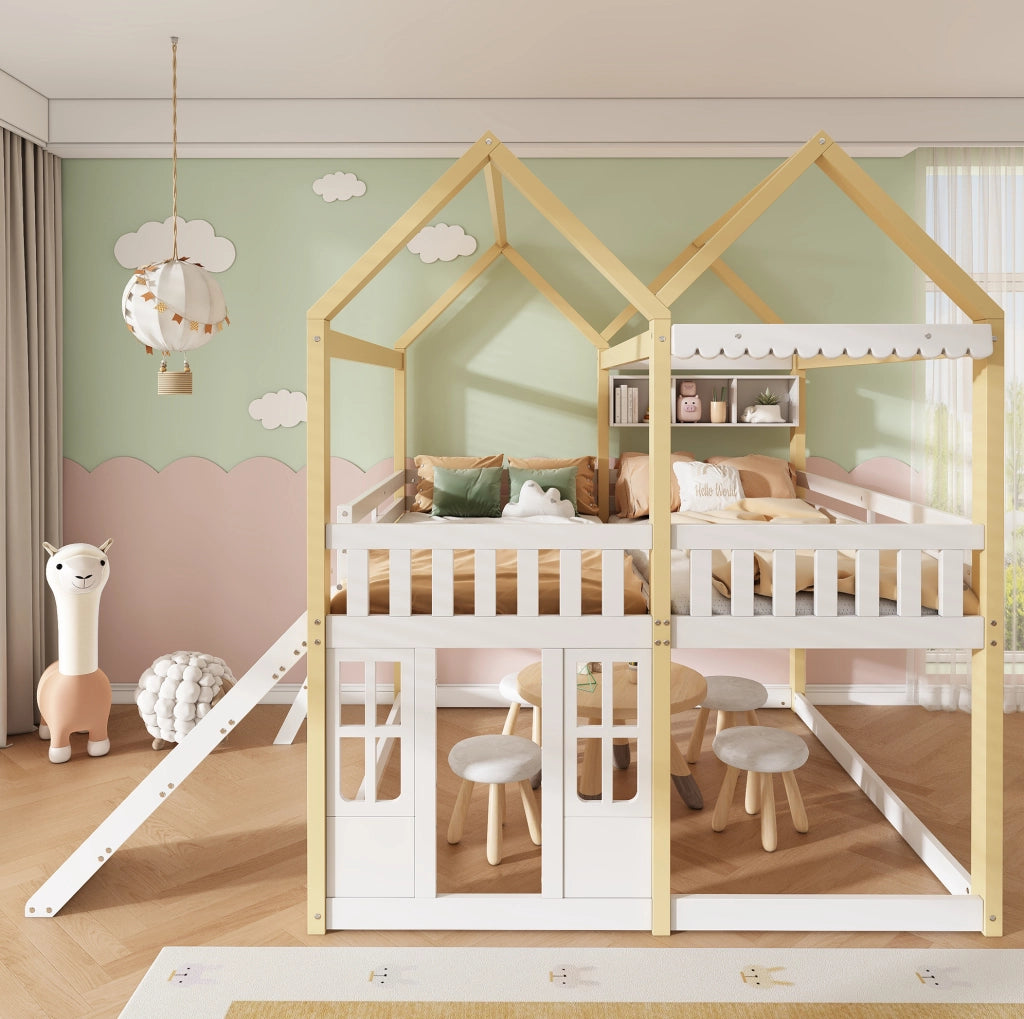 Letto a castello per bambini 90x200 cm con scivolo e scaletta, design casa in bianco e legno naturale, letto semialto con area gioco e porta, montaggio modulare a sinistra o destra