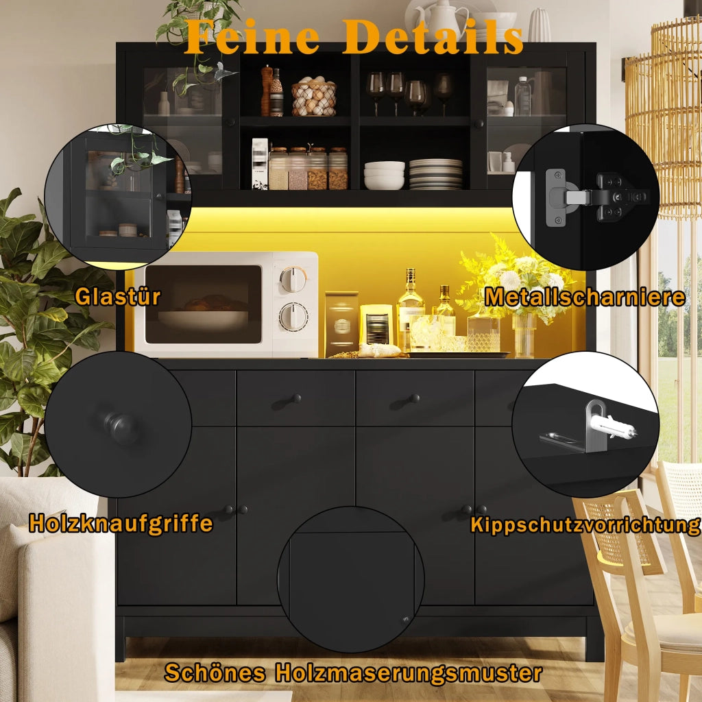 Credenza alta 140x38,5x180 cm nera con LED RGB app, ante in vetro e 4 cassetti, ripiani regolabili, portata 100 kg