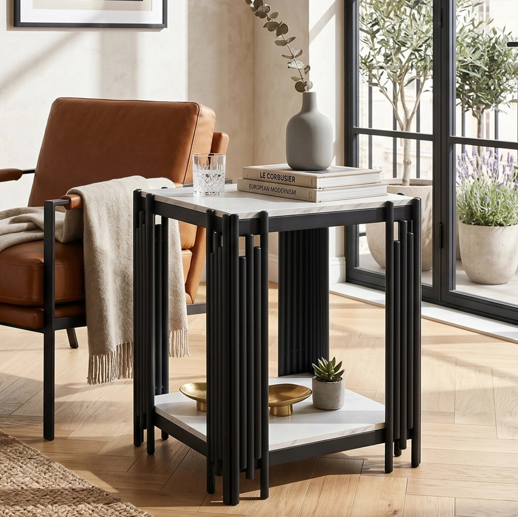 Comodino a 2 ripiani in MDF effetto marmo bianco e nero