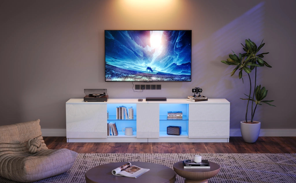 Mobile TV 160 x 40 x 52 cm, 2 cassetti + 1 ribalta, vetro temperato, LED USB, bianco, per TV 65"