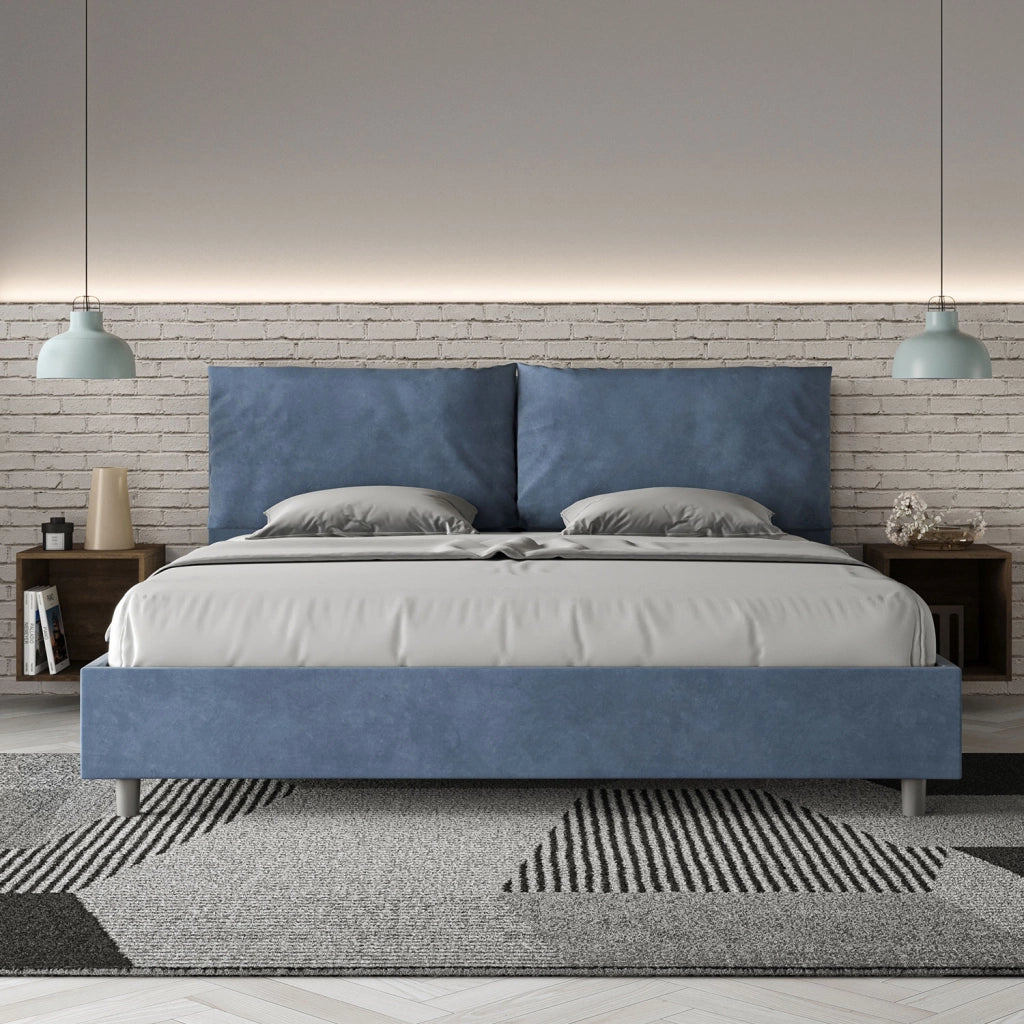 Letto Matrimoniale King Size 200x210 cm Senza Rete Imbottito in Microfibra Antea Large Blu