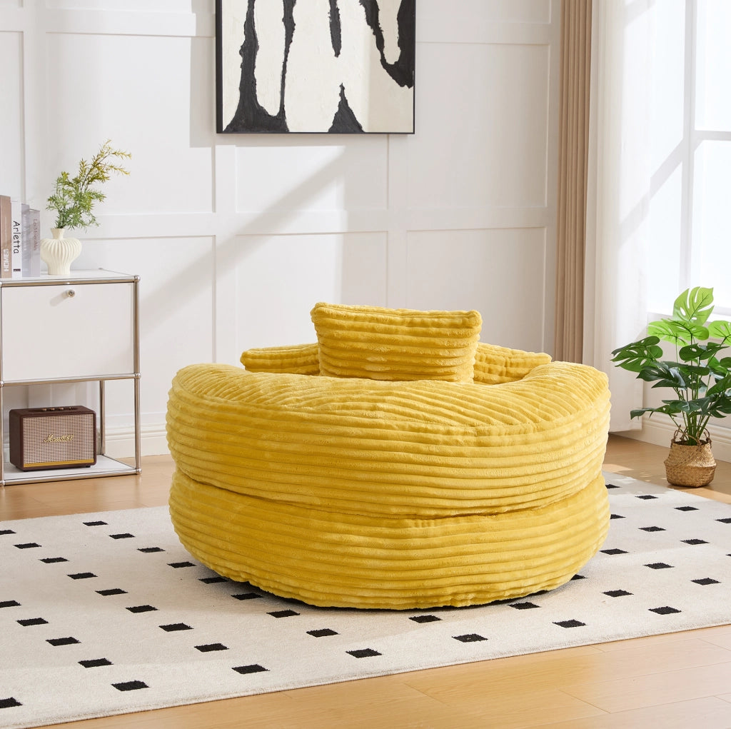 Poltrona pouf in velluto giallo con schienale alto e tre cuscini, 108x108x52 cm, capacità 250 kg