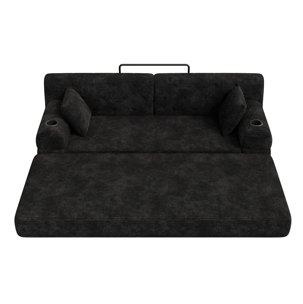 Divano letto 3 posti con rivestimento in velluto a coste, schienale alto, struttura in metallo, 2 portabicchieri e 4 tasche laterali, nero