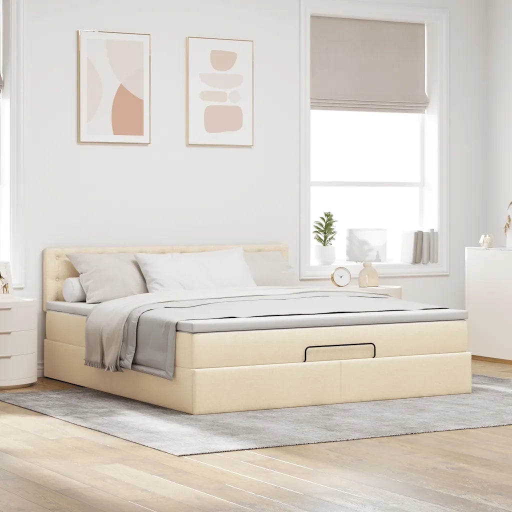 Struttura Letto Pouf con Materasso Crema 160x200 cm in Tessuto