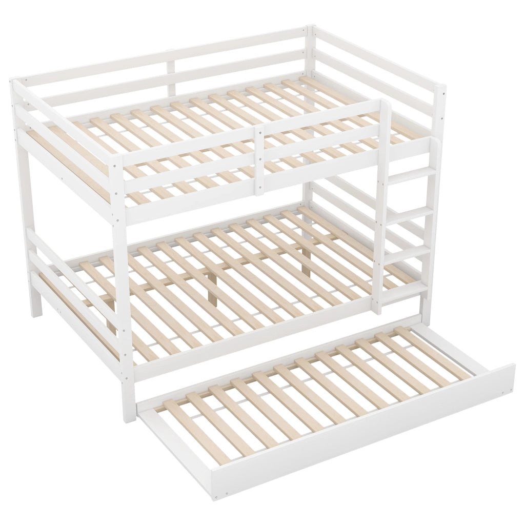 Letto a castello 140×200 cm 3 posti con letto estraibile e scala; senza materasso; in pino; bianco