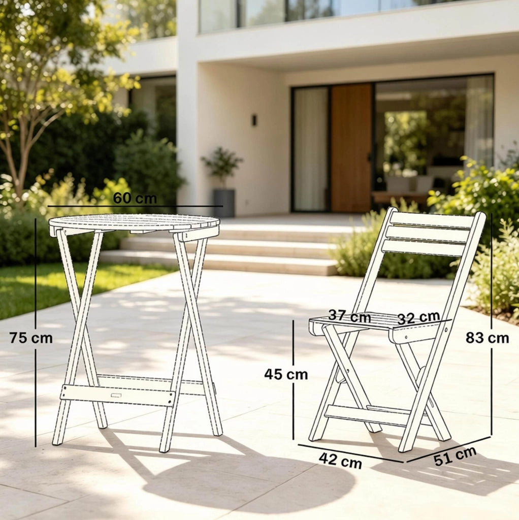 Set mobili da giardino in legno di acacia con tavolo pieghevole Ø 60 cm e 2 sedie