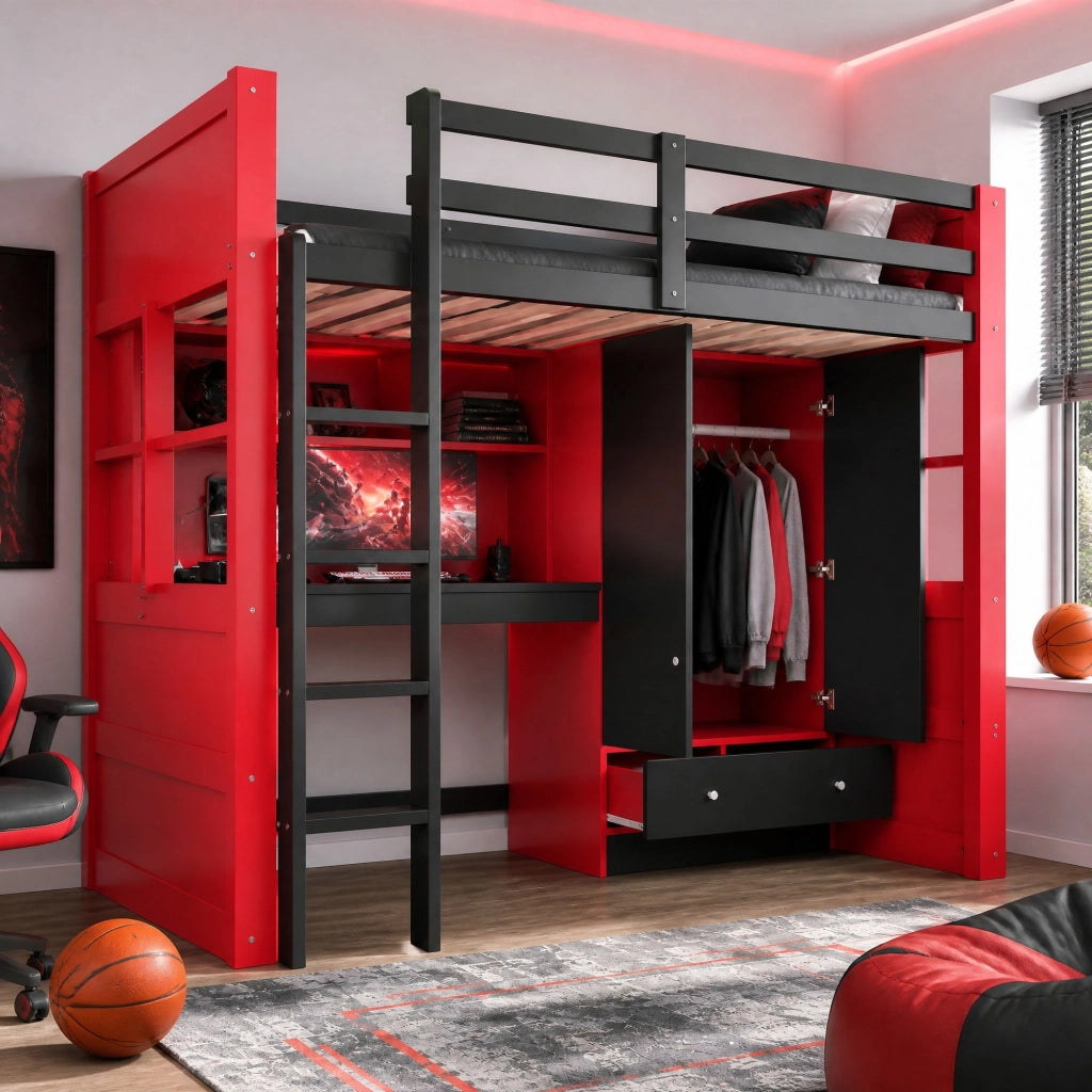 Letto a soppalco 90x200 cm nero e rosso con scrivania, armadio, cassetti, LED e prese