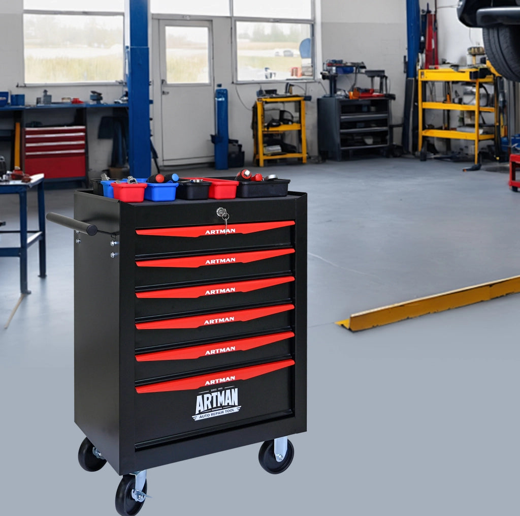 Carrello portattrezzi mobile in acciaio con 6 cassetti, dimensioni 60x33x77,5 cm, colore nero e rosso