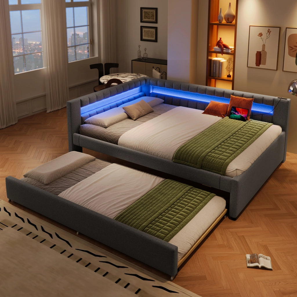 Letto divano 140 × 200 cm 3 posti con letto estraibile 90 × 190 cm; LED; USB e Type-C; senza materasso; grigio