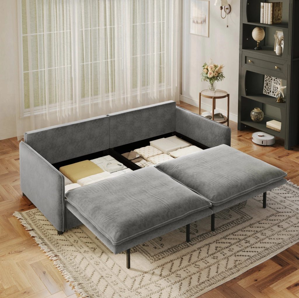 Divano letto 3 posti 206 cm in chenille con vano contenitore, schienale regolabile e cuscini bracciolo mobili, colore grigio chiaro