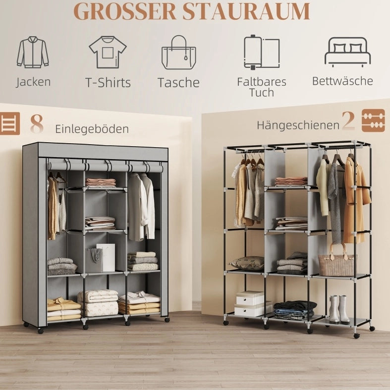 Armadio in tessuto grigio con 8 ripiani e 2 appendiabiti, 125x43x162,5 cm