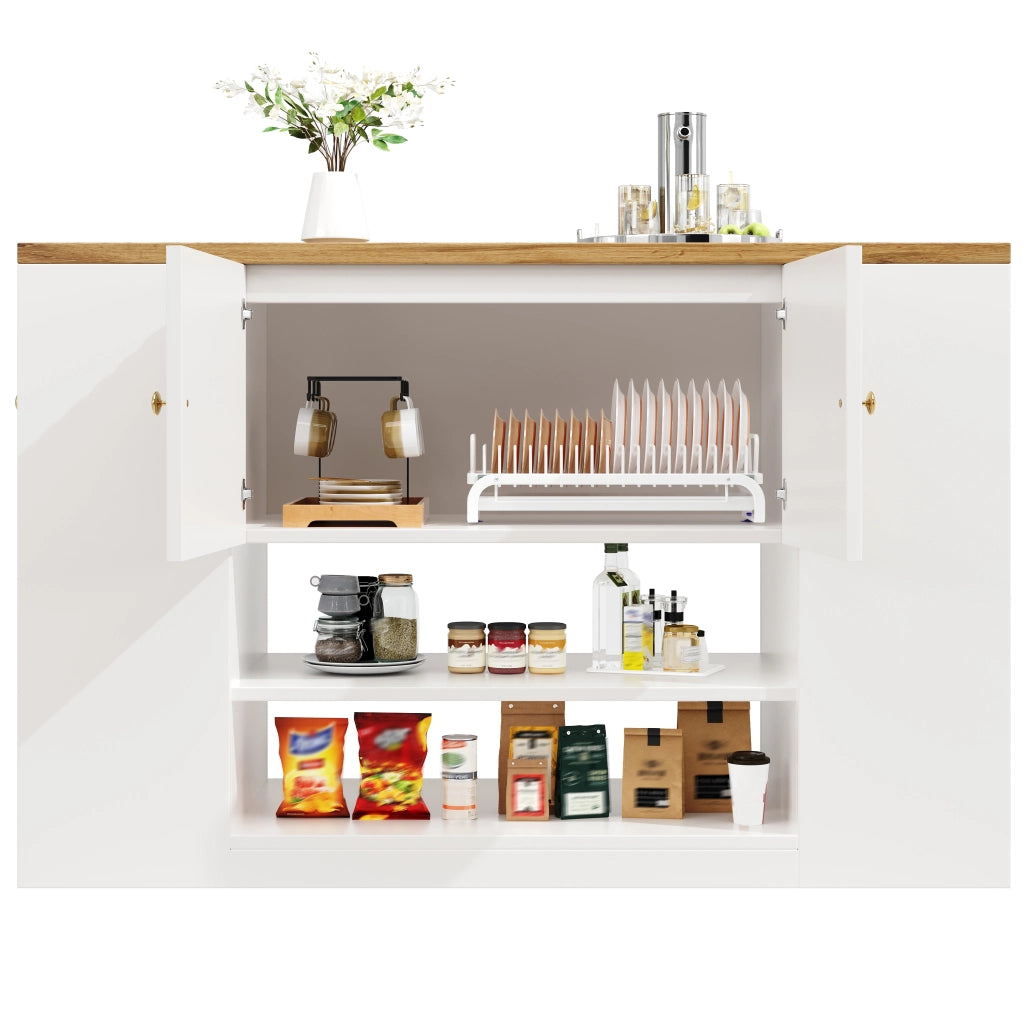 Isola cucina bianca con piano ribaltabile; cassetti; ante e ripiani; 140 cm