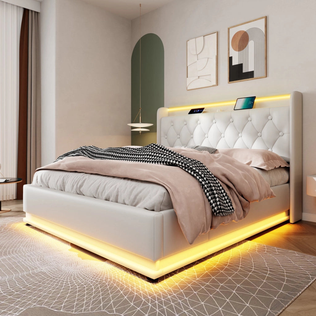 Letto contenitore matrimoniale 160×200 cm con LED, USB Type-C e testiera imbottita, materasso incluso, bianco PU