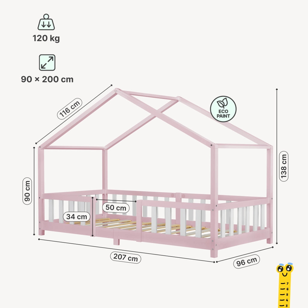 Letto per Cameretta Treviolo a Forma di Casetta in Stile Montessori con Materasso 90x200 cm - Rosa/Bianco [en.casa]