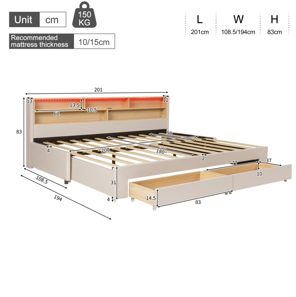 Letto divano allungabile 90x200 cm in velluto beige con 2 cassetti, senza materasso