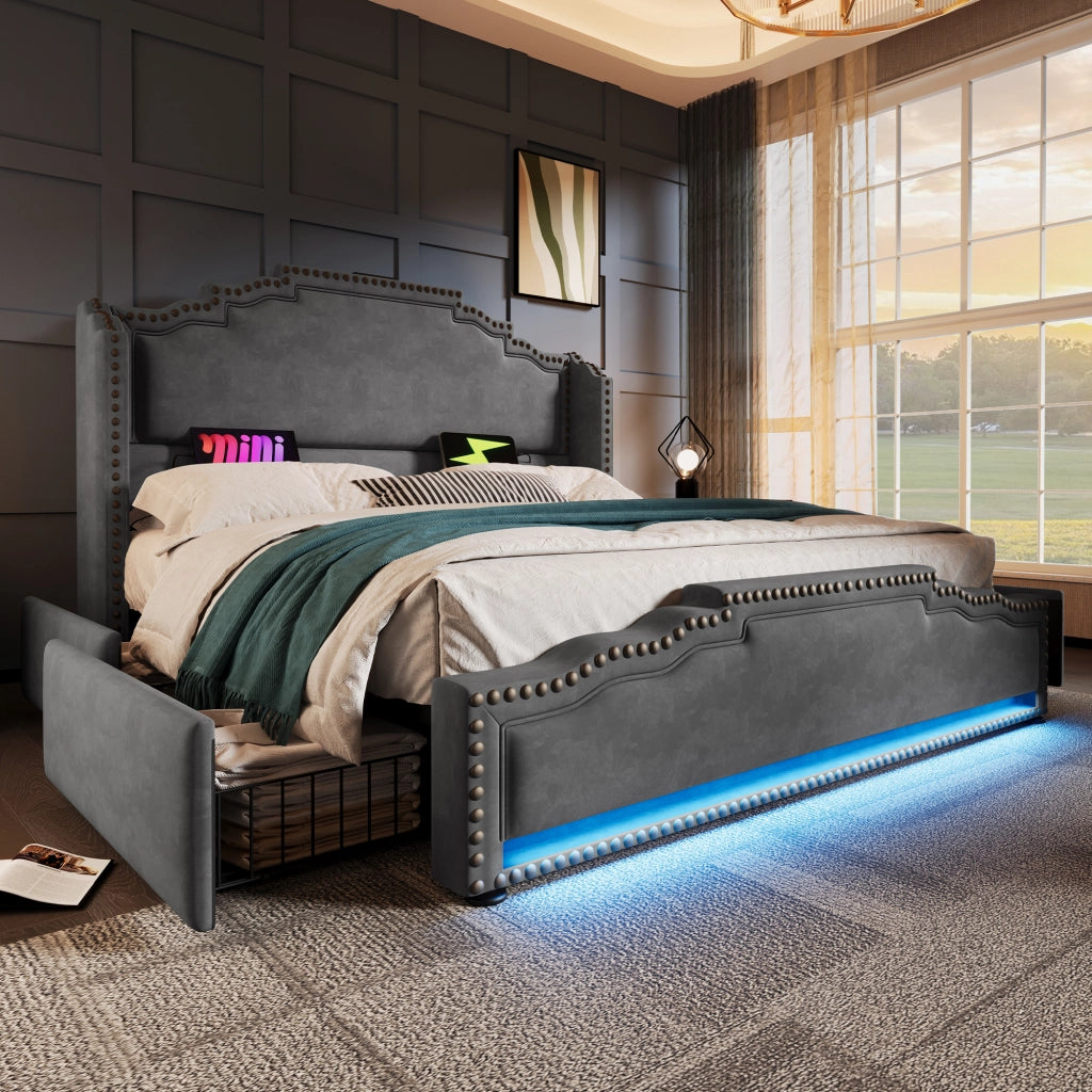 Letto matrimoniale 140 × 200 cm in velluto grigio con 4 cassetti LED USB C e materasso a molle
