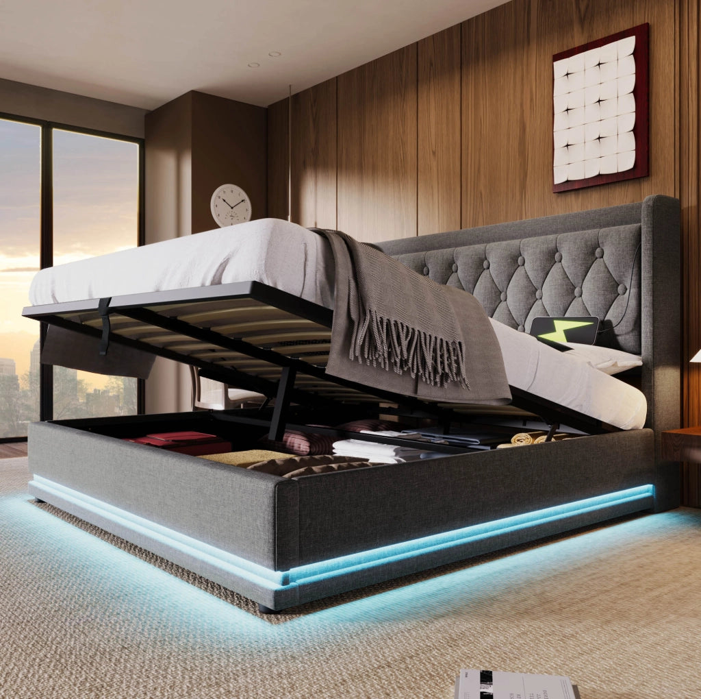 Letto matrimoniale imbottito 180x200 cm grigio in cotone con testiera imbottita, funzione di ricarica USB Tipo-C e contenitore idraulico, illuminazione LED su 3 lati (senza materasso)